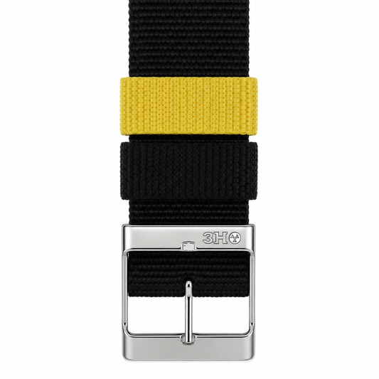 Cinturino Orologio NATO in Tessuto Nero con Passante Giallo – Fibbia Acciaio 3H