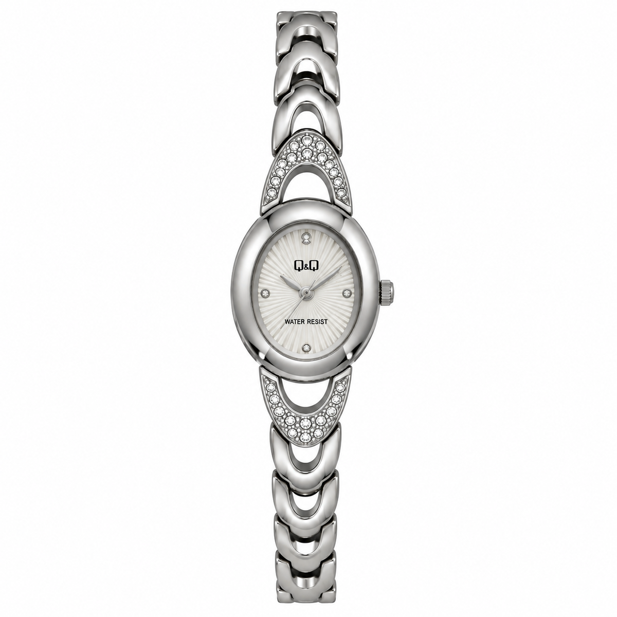 Q&Q orologio donna cassa ovale cristalli pavé bracciale acciaio silver water resistant