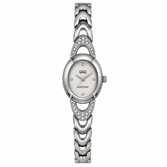 Q&Q orologio donna cassa ovale cristalli pavé bracciale acciaio silver water resistant