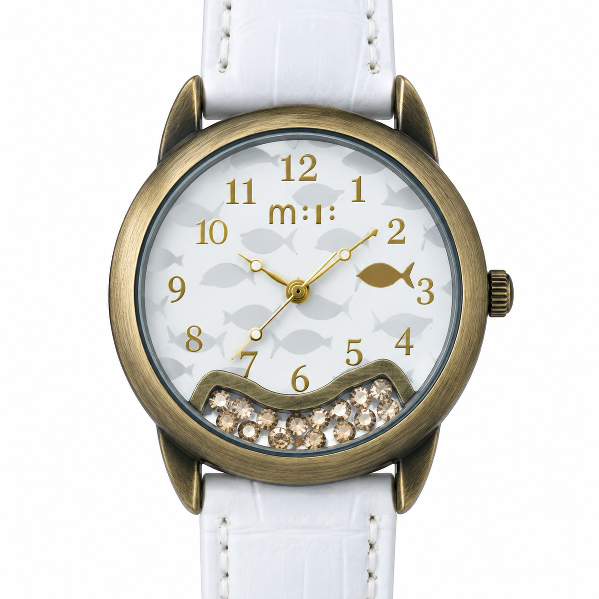 Orologio donna M:1 con quadrante bianco a tema marino, cristalli decorativi e cassa bronzo anticato