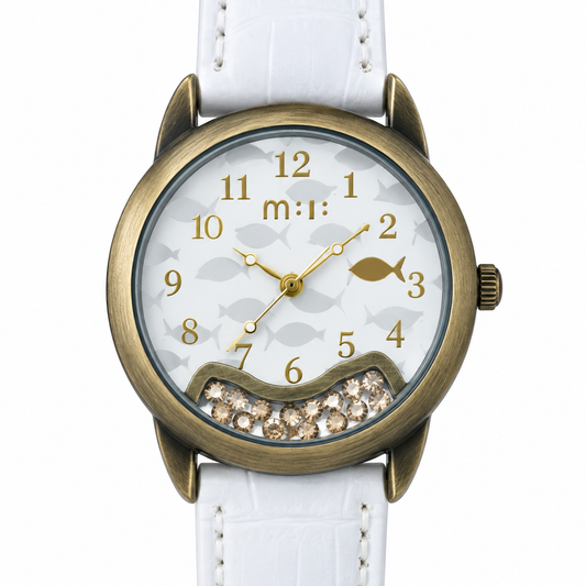 Orologio donna M:1 con quadrante bianco a tema marino, cristalli decorativi e cassa bronzo anticato