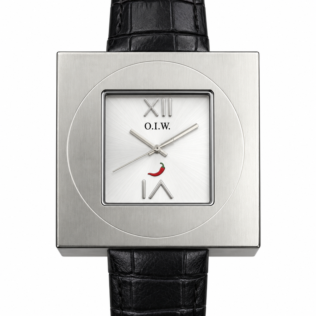 Orologio O.I.W. con cassa quadrata argentata, quadrante bianco e cinturino nero