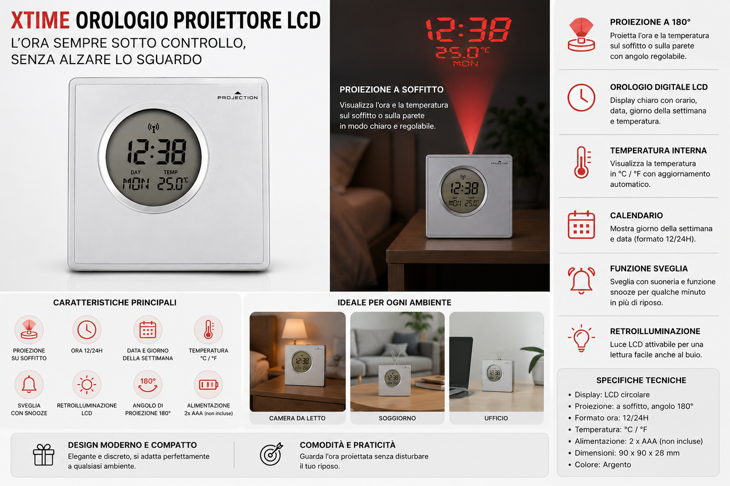XTime Orologio con Proiettore – Display LCD Circolare e Proiezione Ora su Soffitto