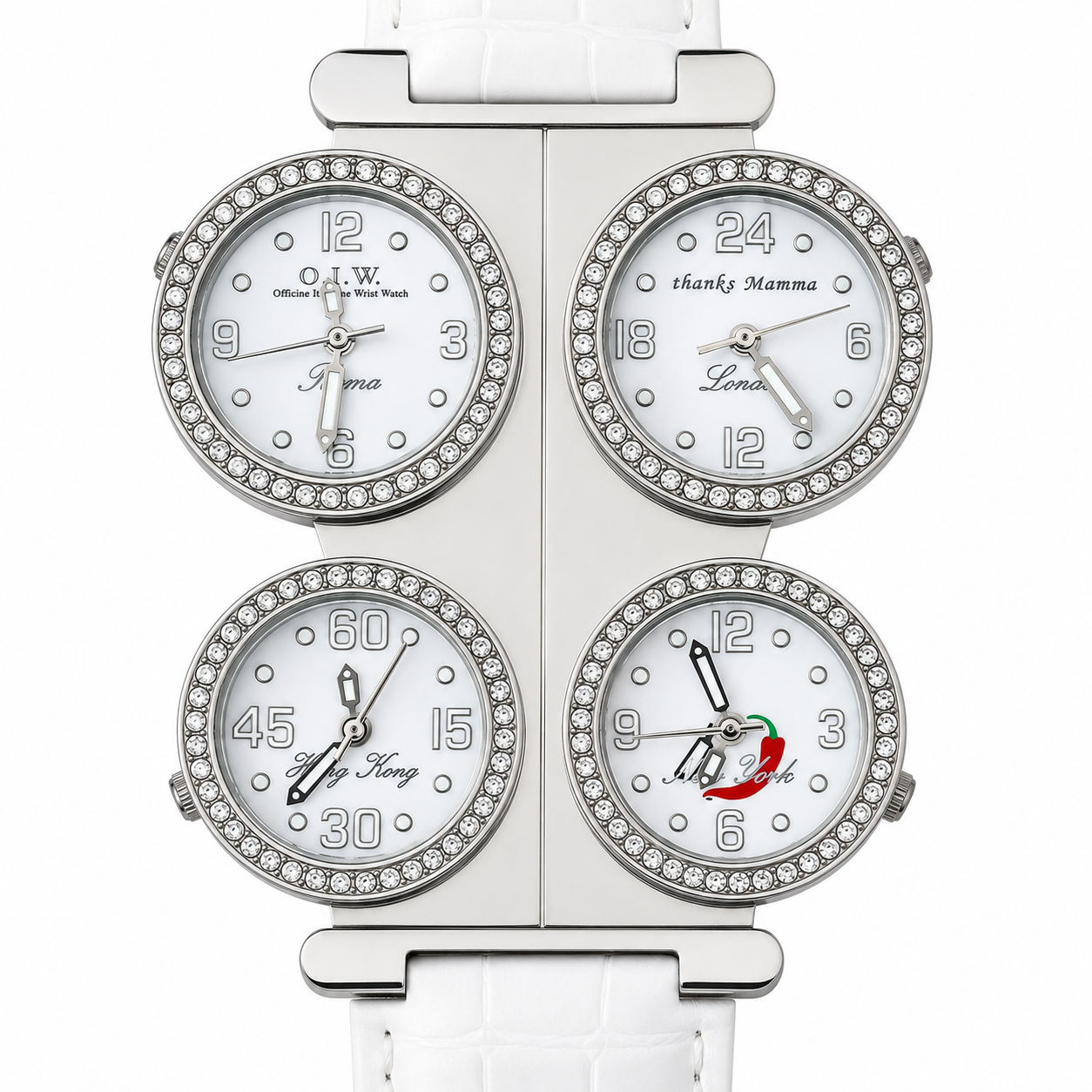 O.I.W. 4 City Thanks Mamma - Orologio Donna 4 Fusi Orari con Cristalli Roma Londra Hong Kong New York