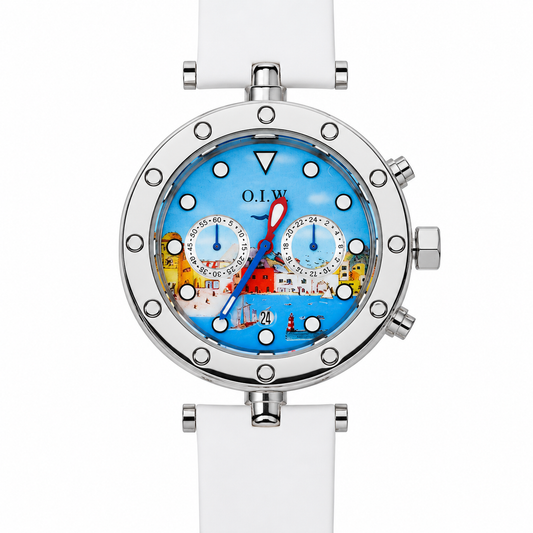 Orologio O.I.W. Cronografo Art Edition - Quadrante Dipinto Paesaggio Marino e Cinturino Bianco