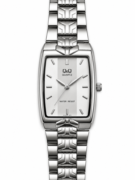 Orologio Q&Q rettangolare argentato con quadrante chiaro e bracciale geometrico