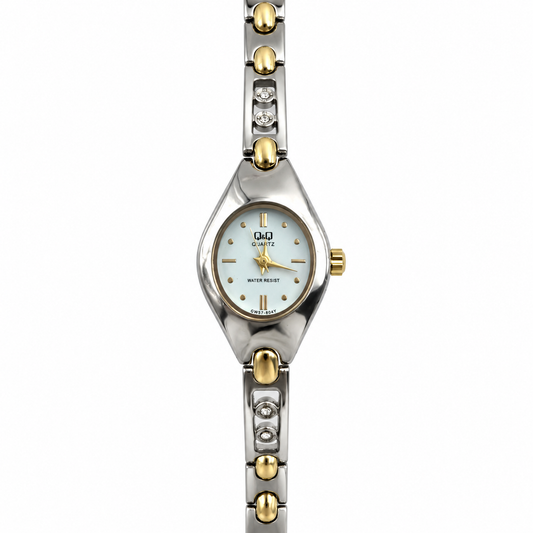 Orologio Q&Q bicolore argento e oro con quadrante ovale e dettagli luminosi
