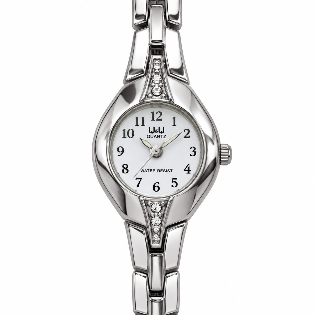 Orologio donna Q&Q con quadrante bianco a numeri arabi, cassa color argento, dettagli luminosi e bracciale geometrico