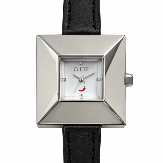 Orologio O.I.W. quadrato argentato con cornice sfaccettata e cinturino nero