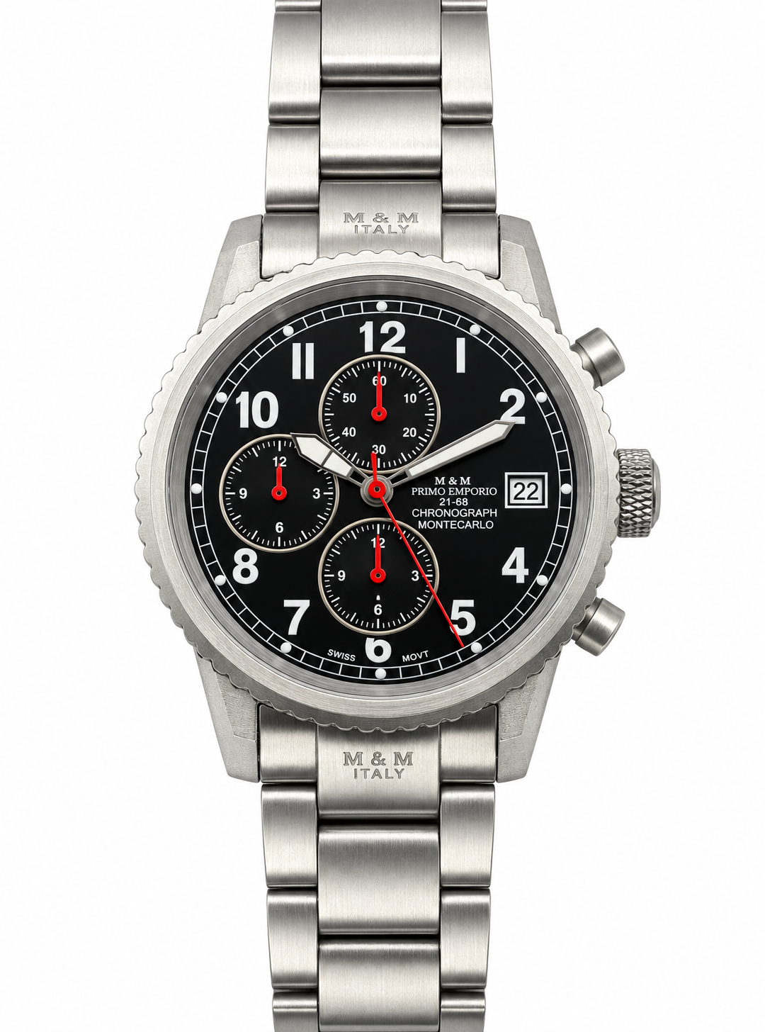 Orologio uomo M&M Primo Emporio 21-68 Montecarlo cronografo quadrante nero lancette rosse Swiss Movt acciaio satinato bracciale data