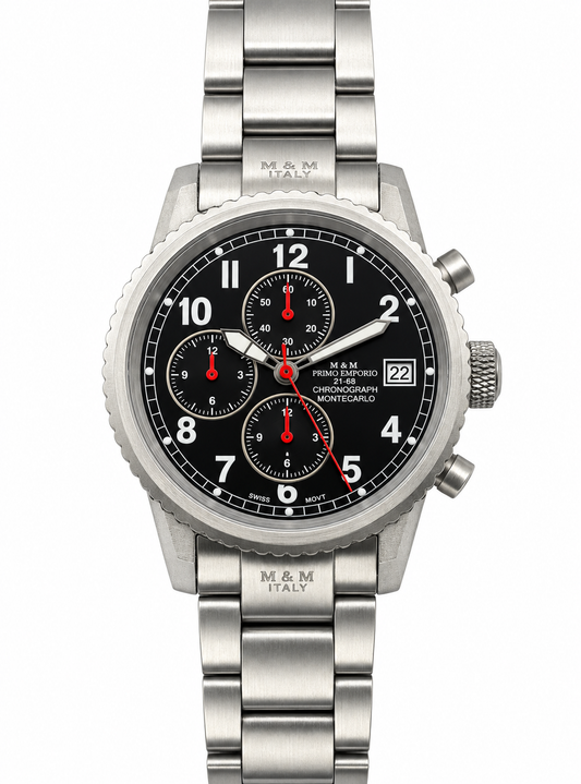 Orologio uomo M&M Primo Emporio 21-68 Montecarlo cronografo quadrante nero lancette rosse Swiss Movt acciaio satinato bracciale data