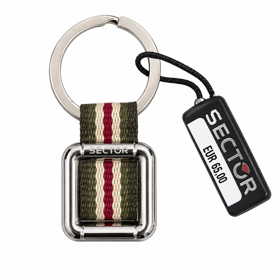 Portachiavi Sector con nastro verde militare a righe rosse e crema