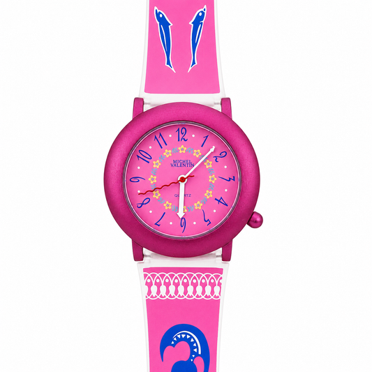 Orologio Michel Valentin Bambina Delfini - Quadrante Rosa con Fiorellini e Cinturino Fucsia