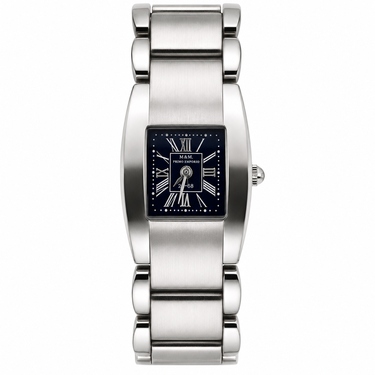 M&M Primo Emporio orologio donna cassa tonneau acciaio inossidabile satinato silver con quadrante nero numeri romani bianchi e bracciale integrato a maglie larghe