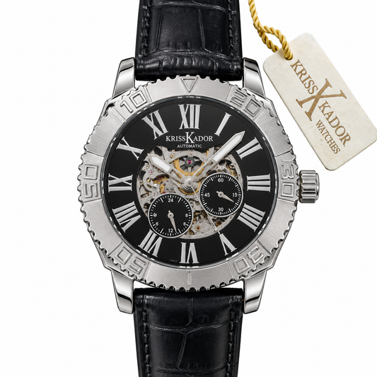 Orologio Kriss Kador automatico da uomo con quadrante nero scheletrato e cinturino nero