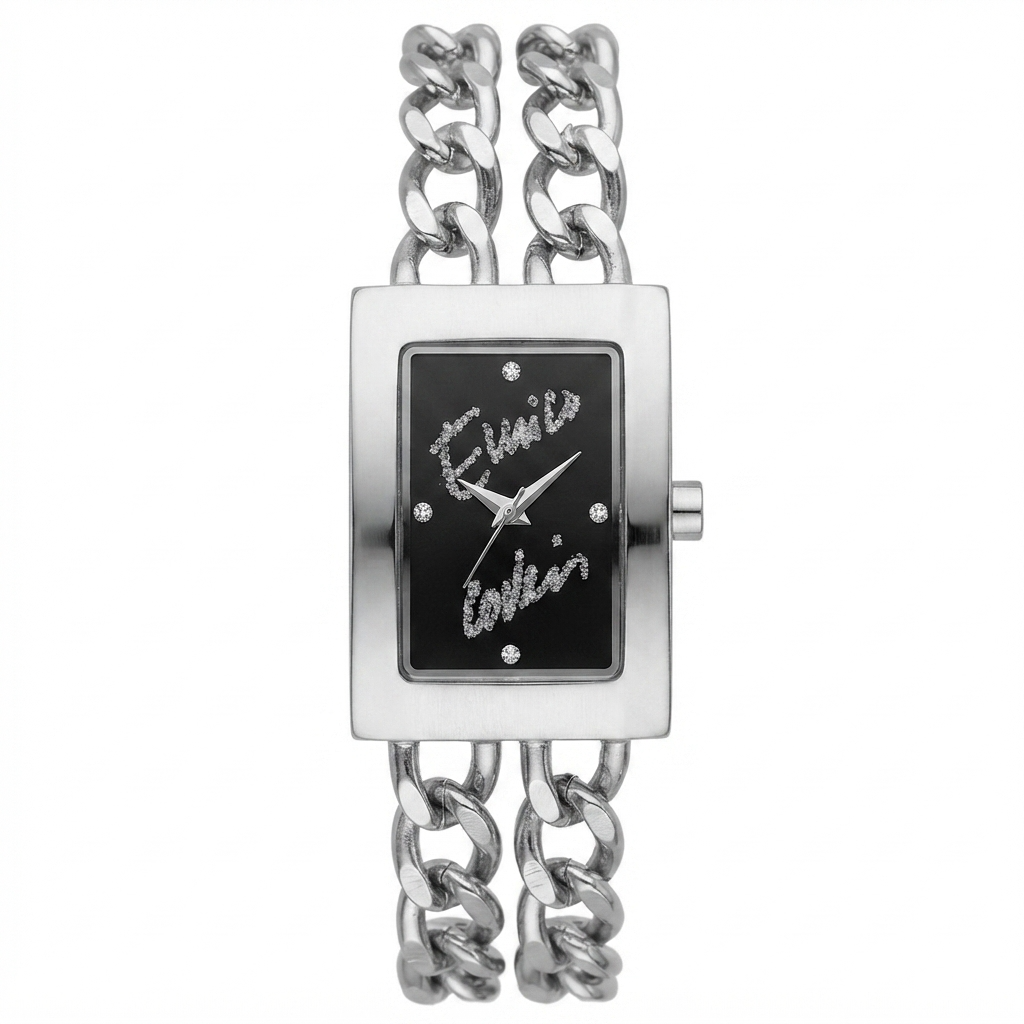 Orologio donna cassa rettangolare acciaio silver con doppia catena curb e quadrante nero con cristalli