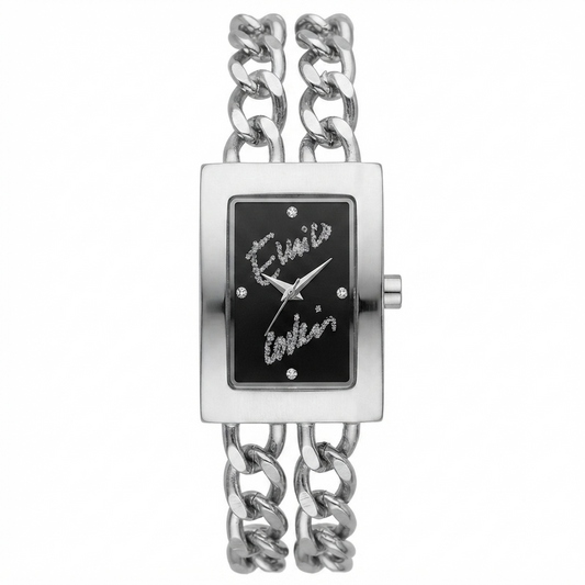 Orologio donna cassa rettangolare acciaio silver con doppia catena curb e quadrante nero con cristalli