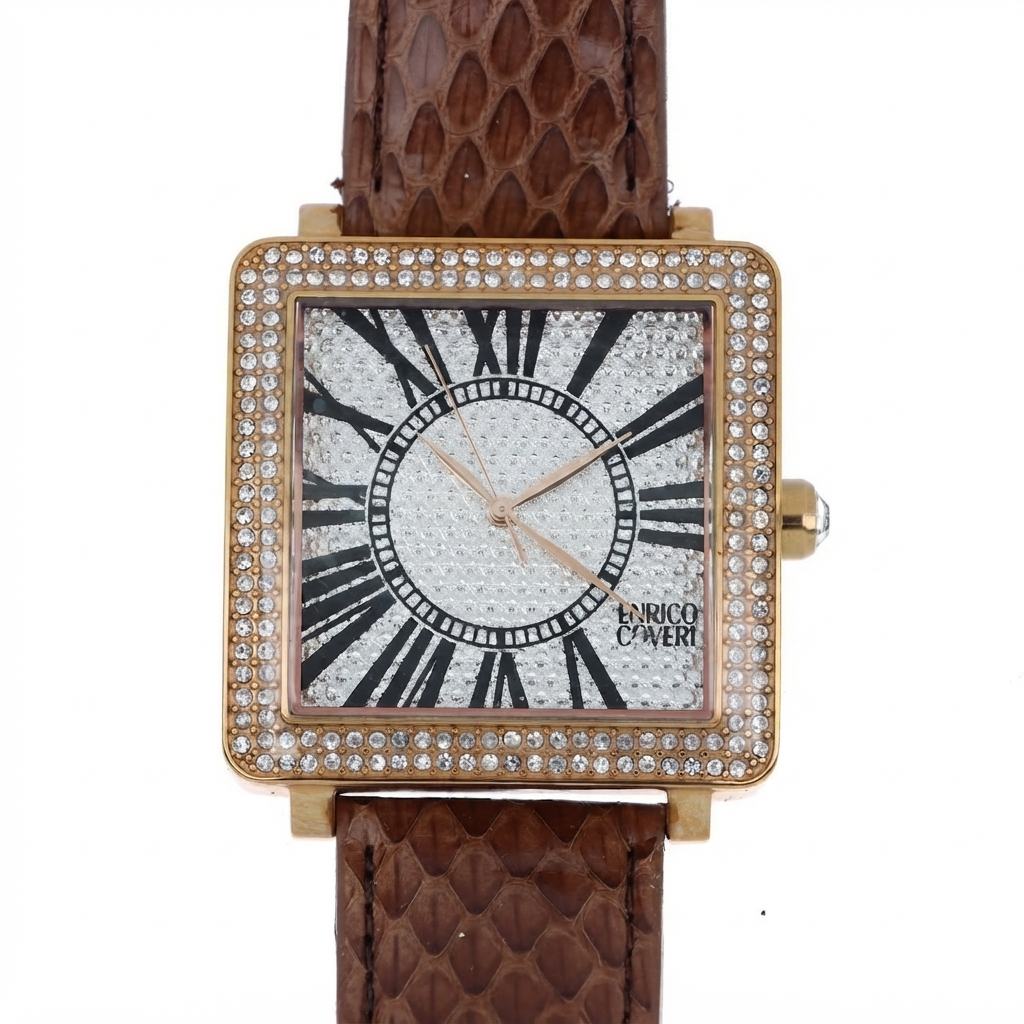 Enrico Coveri orologio donna cassa quadrata gold con lunetta pavé cristalli bianchi, quadrante full-pavé numeri romani neri e cinturino pelle stampa pitone marrone