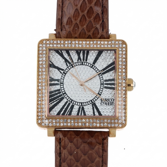 Enrico Coveri orologio donna cassa quadrata gold con lunetta pavé cristalli bianchi, quadrante full-pavé numeri romani neri e cinturino pelle stampa pitone marrone