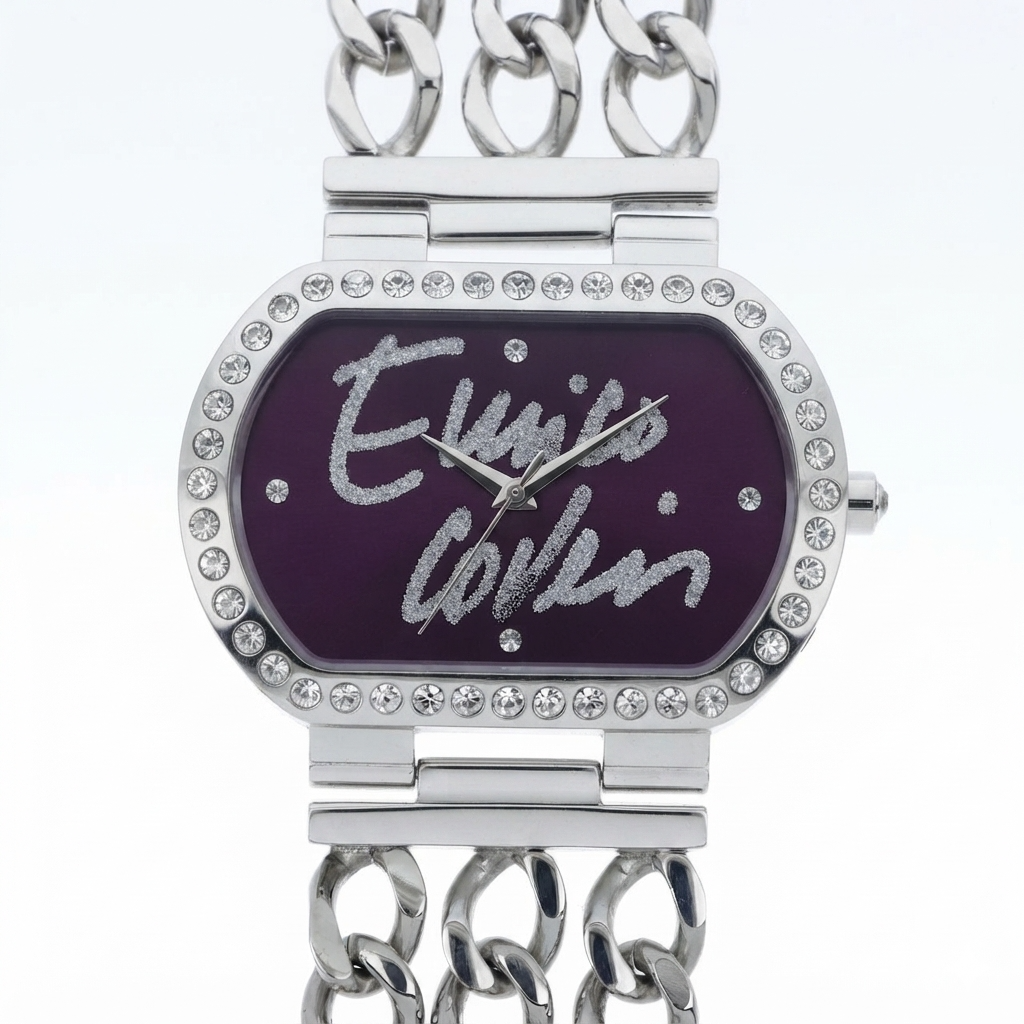 Enrico Coveri orologio donna cassa ovale acciaio con lunetta pavé cristalli e quadrante viola prugna, tripla catena curb