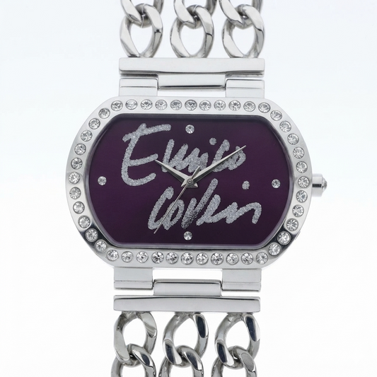 Enrico Coveri orologio donna cassa ovale acciaio con lunetta pavé cristalli e quadrante viola prugna, tripla catena curb