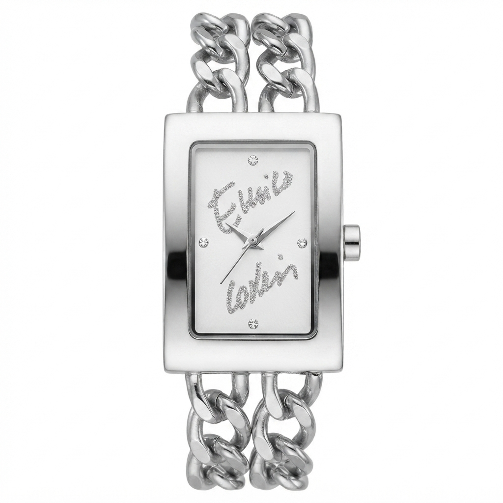 Enrico Coveri orologio donna cassa rettangolare minimal acciaio silver con quadrante bianco firma corsivo glitter e doppia catena curb maxi in acciaio lucido