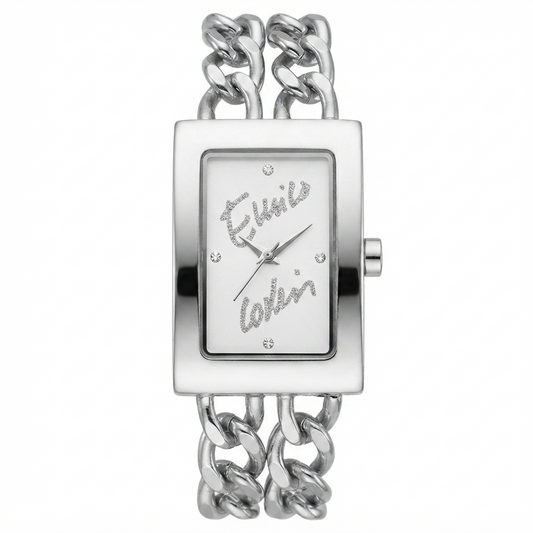 Enrico Coveri orologio donna cassa rettangolare minimal acciaio silver con quadrante bianco firma corsivo glitter e doppia catena curb maxi in acciaio lucido