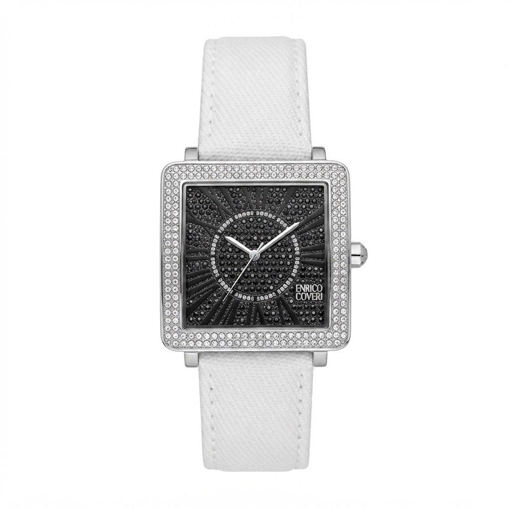 Enrico Coveri orologio donna cassa quadrata acciaio con doppia lunetta pavé cristalli bianchi, quadrante nero full-pavé raggi solari e cinturino pelle bianca