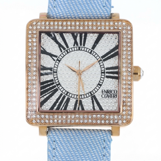 Enrico Coveri orologio donna cassa quadrata gold con lunetta pavé cristalli bianchi, quadrante full-pavé numeri romani neri e cinturino in tessuto denim azzurro