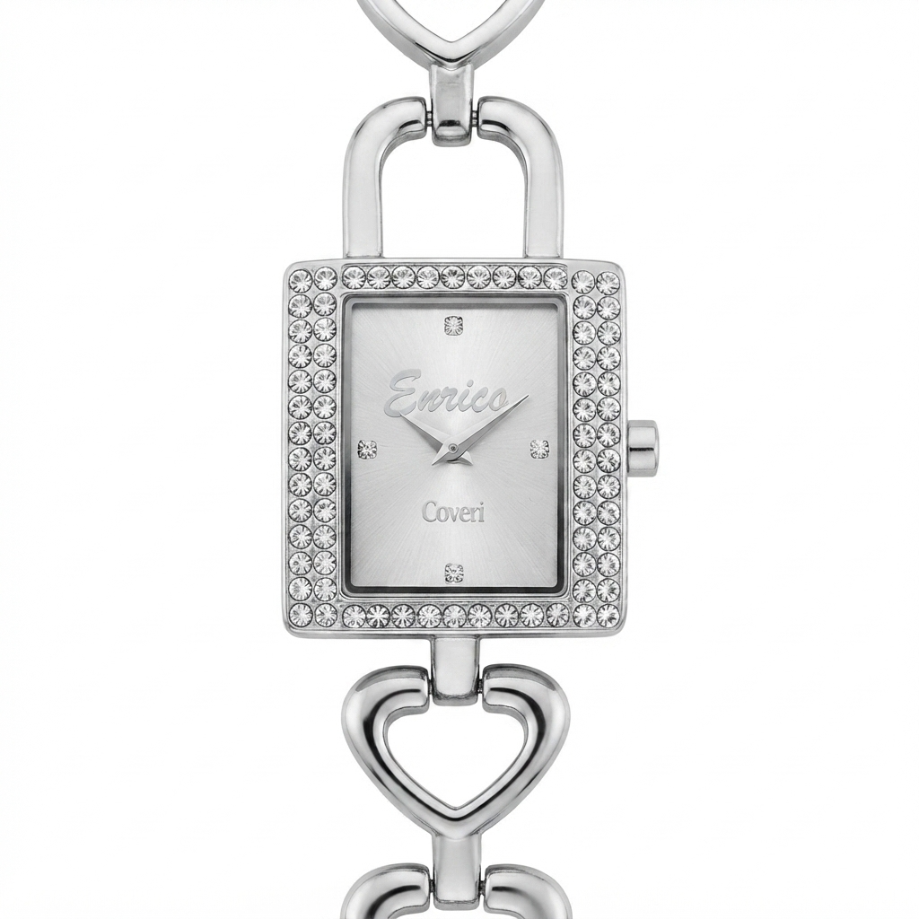 Enrico Coveri orologio donna cassa rettangolare acciaio con doppia lunetta pavé cristalli bianchi, quadrante silver con firma in corsivo e bracciale a maglie cuore aperto