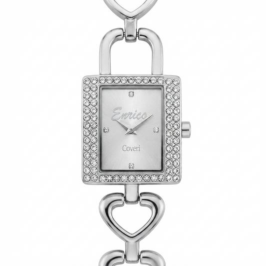 Enrico Coveri orologio donna cassa rettangolare acciaio con doppia lunetta pavé cristalli bianchi, quadrante silver con firma in corsivo e bracciale a maglie cuore aperto