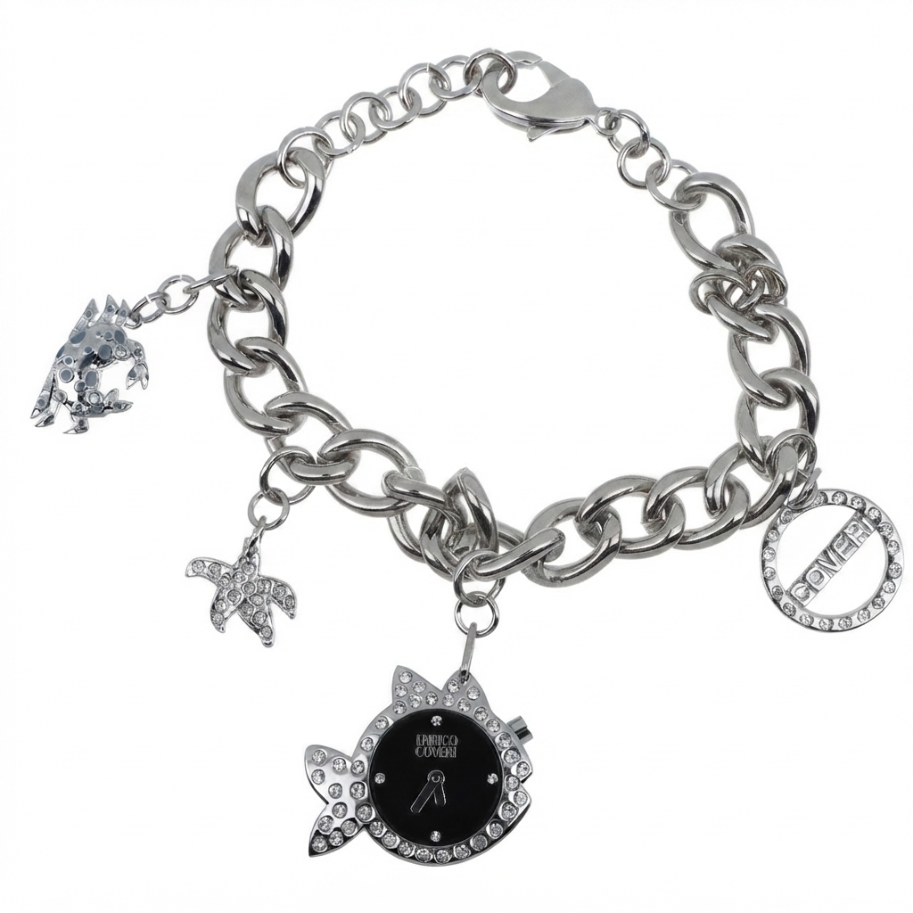 Enrico Coveri orologio charm donna bracciale catena curb maxi acciaio silver con charm pesce pavé con quadrante nero, stella marina pavé, granchio e medaglione Coveri cristalli