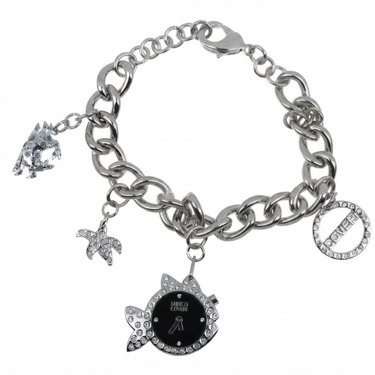 Enrico Coveri orologio charm donna bracciale catena curb maxi acciaio silver con charm pesce pavé con quadrante nero, stella marina pavé, granchio e medaglione Coveri cristalli