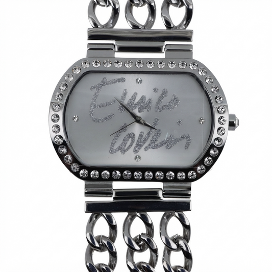 Enrico Coveri orologio donna cassa barrel acciaio silver con lunetta pavé cristalli grandi, quadrante bianco firma corsivo glitter e tripla catena curb gunmetal scuro