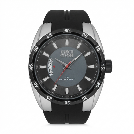 Enrico Coveri orologio uomo sportivo cassa rotonda bicolore silver nero con lunetta girevole numerata, quadrante grigio antracite datario lancetta rossa e cinturino silicone nero
