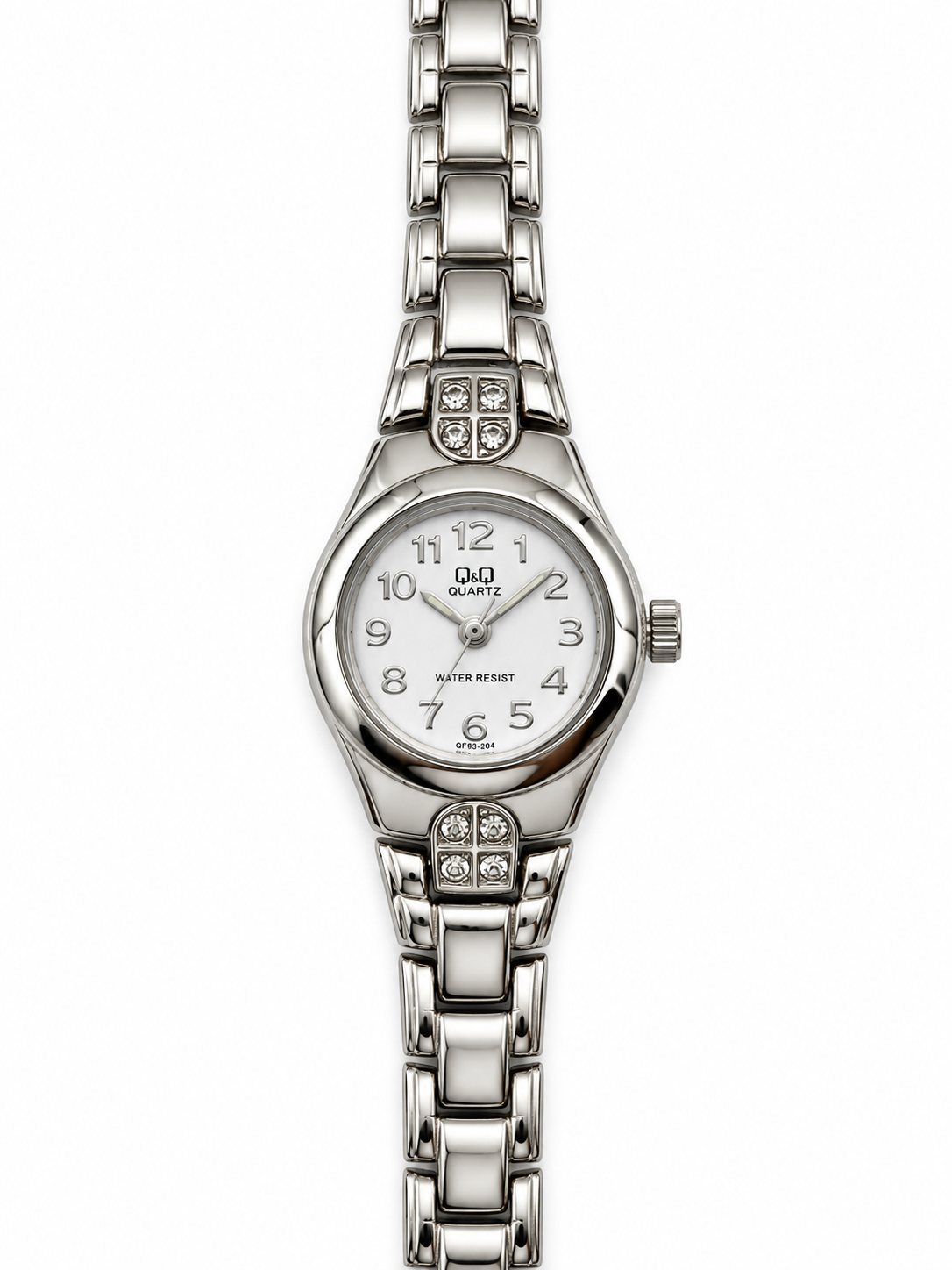 Orologio Q&Q argentato con quadrante bianco e dettagli luminosi sul bracciale