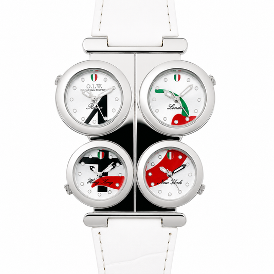 O.I.W. 4 City - Orologio Donna 4 Fusi Orari Roma Londra Hong Kong New York Cinturino Bianco