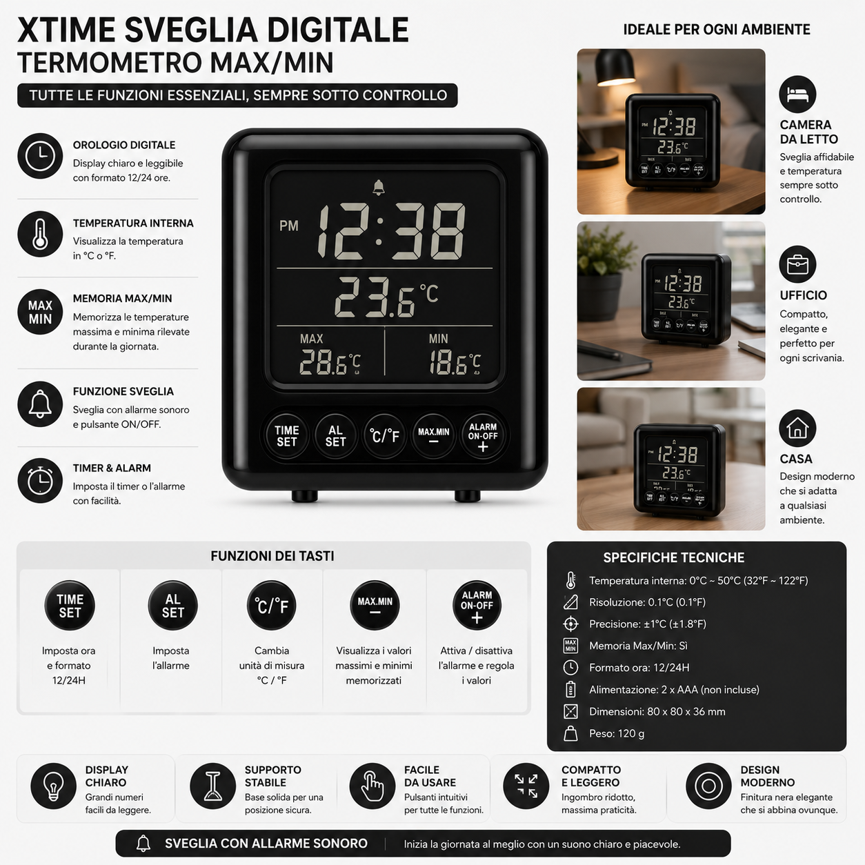 XTime Réveil numérique avec thermomètre Max/Min – Grand écran LCD, design noir brillant