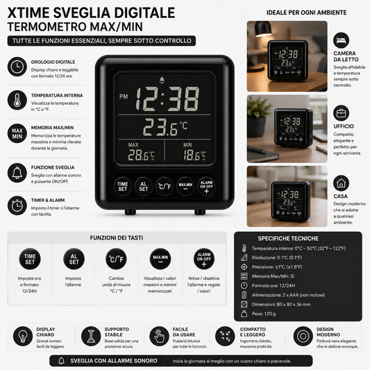 XTime Digital Alarm Clock with Max/Min Thermometer – Large LCD Display, Glossy Black Design
