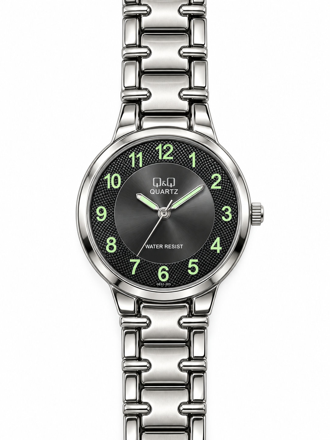 Orologio Q&Q con quadrante nero, numeri verdi e bracciale argentato