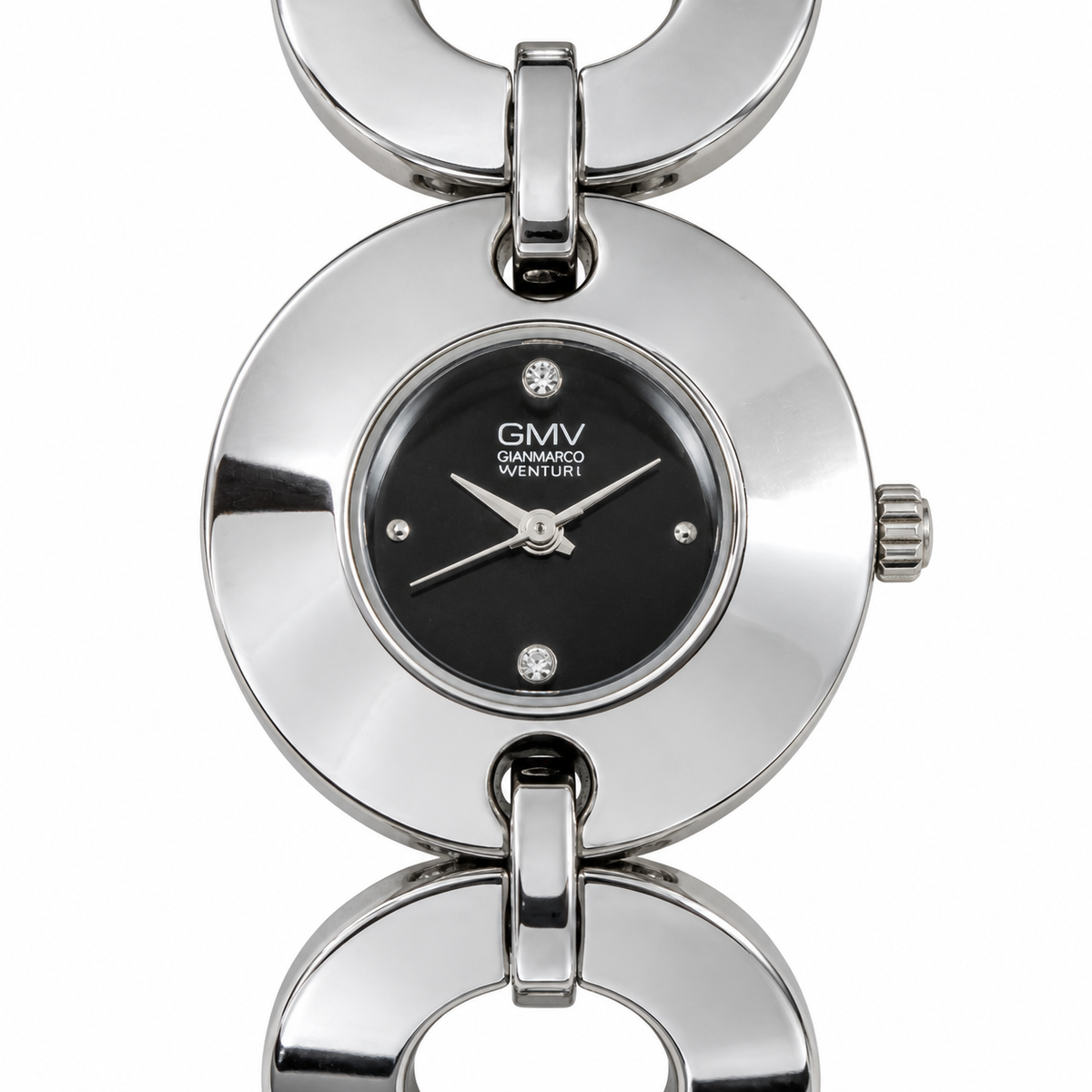 Orologio GMV Gianmarco Venturi con quadrante nero, ampia cassa argentata e bracciale a cerchi aperti
