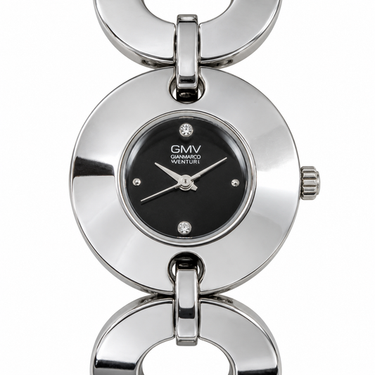 Orologio GMV Gianmarco Venturi con quadrante nero, ampia cassa argentata e bracciale a cerchi aperti