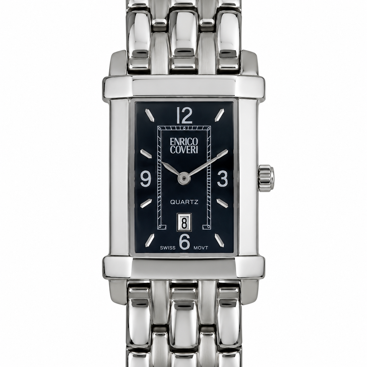 Orologio donna Enrico Coveri con cassa rettangolare argentata, quadrante nero, datario e bracciale a maglie