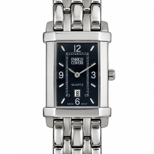 Orologio donna Enrico Coveri con cassa rettangolare argentata, quadrante nero, datario e bracciale a maglie