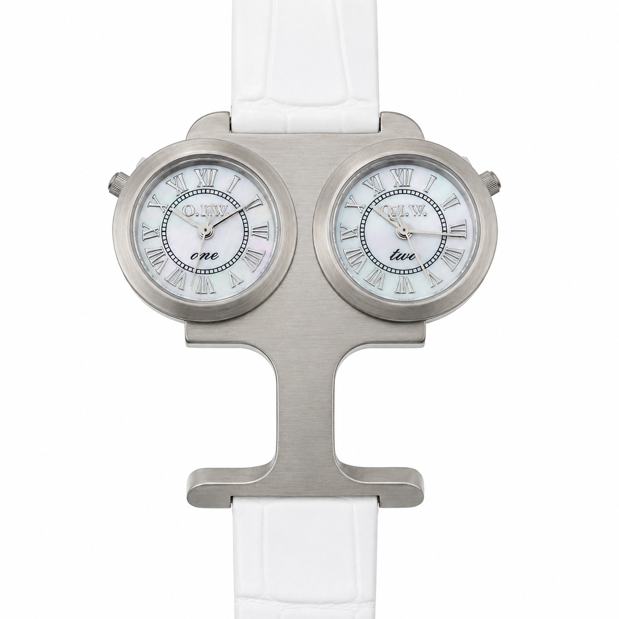 O.I.W. Twin Steel - Orologio Donna Doppio Quadrante Acciaio Satinato Madreperla Cinturino Pelle Bianco