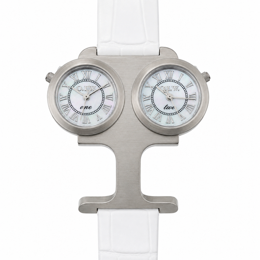 O.I.W. Twin Steel - Orologio Donna Doppio Quadrante Acciaio Satinato Madreperla Cinturino Pelle Bianco