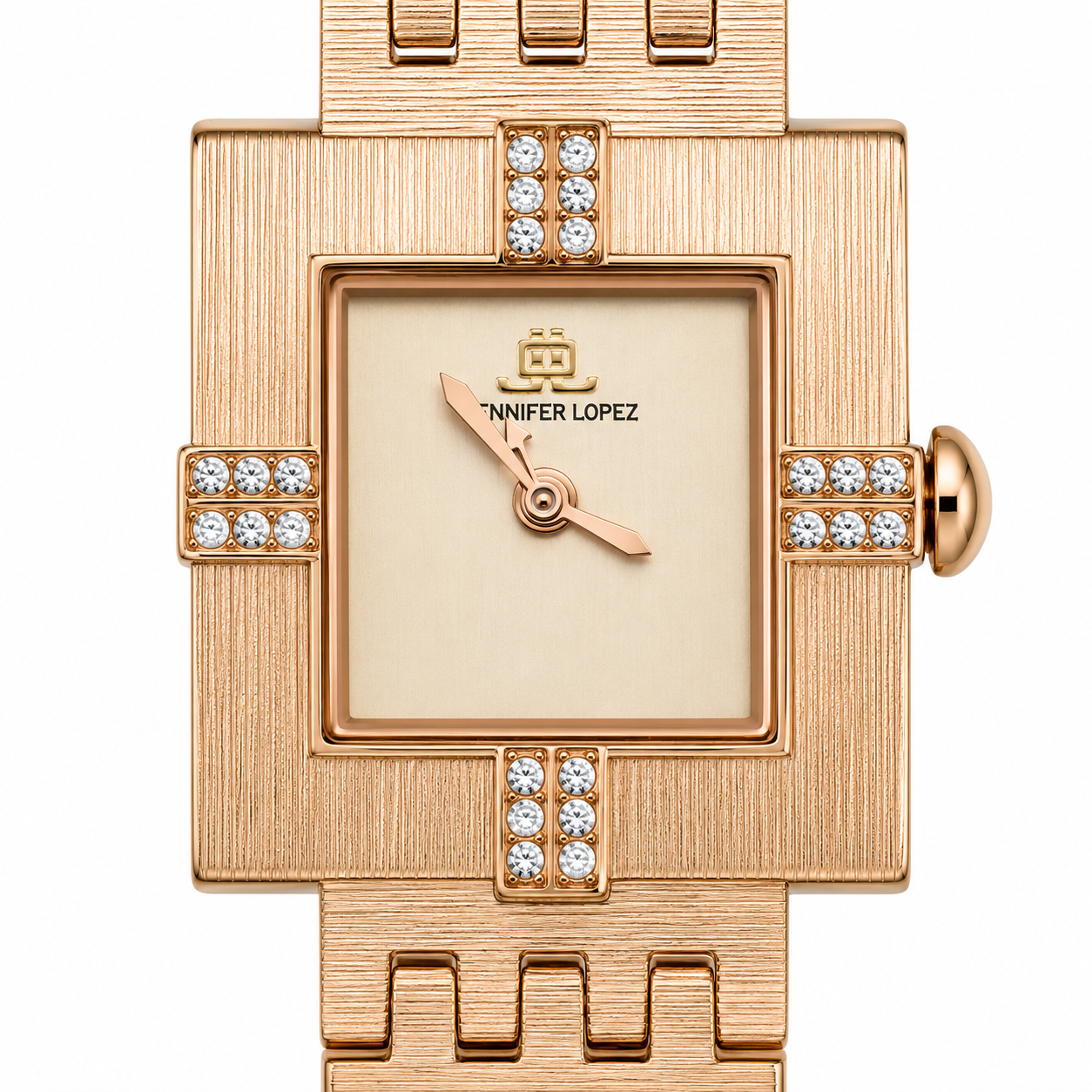 Jennifer Lopez Orologio Donna Quadrato Art Déco Oro Rosa Satinato Cristalli Quadrante Champagne