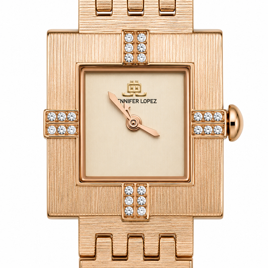 Jennifer Lopez Orologio Donna Quadrato Art Déco Oro Rosa Satinato Cristalli Quadrante Champagne