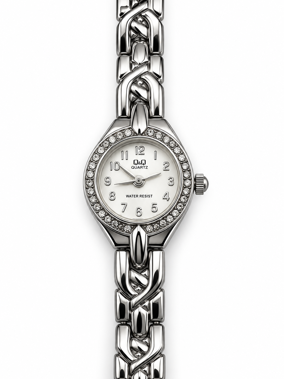 Orologio Donna Q&Q Argentato con Cornice Brillante e Bracciale a Maglie Intrecciate