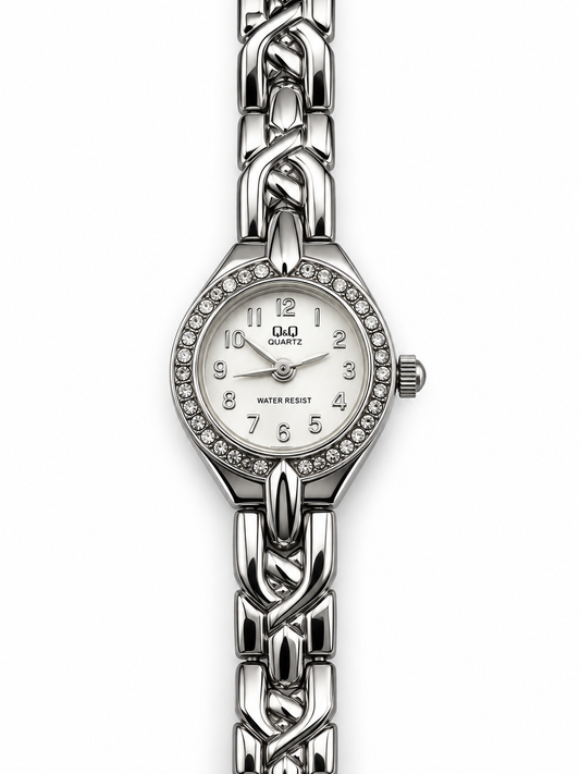 Orologio Donna Q&Q Argentato con Cornice Brillante e Bracciale a Maglie Intrecciate
